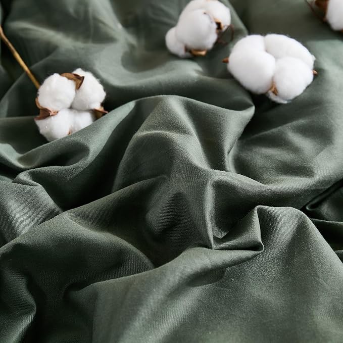 100% Washed Cotton Duvet Cover Queen Size – Olive Green, Linen-Like Texture, Super Soft & Breathable Bedding Set, 3-Piece Durable Percale Comforter Cover