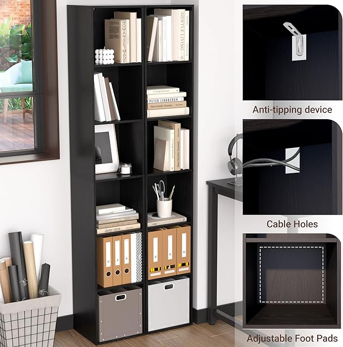 5 Cube Storage Organizer, 5 Tier Cube Low Bookcase Freestanding Storage Display Organizer, Five-Cubes Open Shelf Bookshelf for Home Office (Black, 5-Cube)