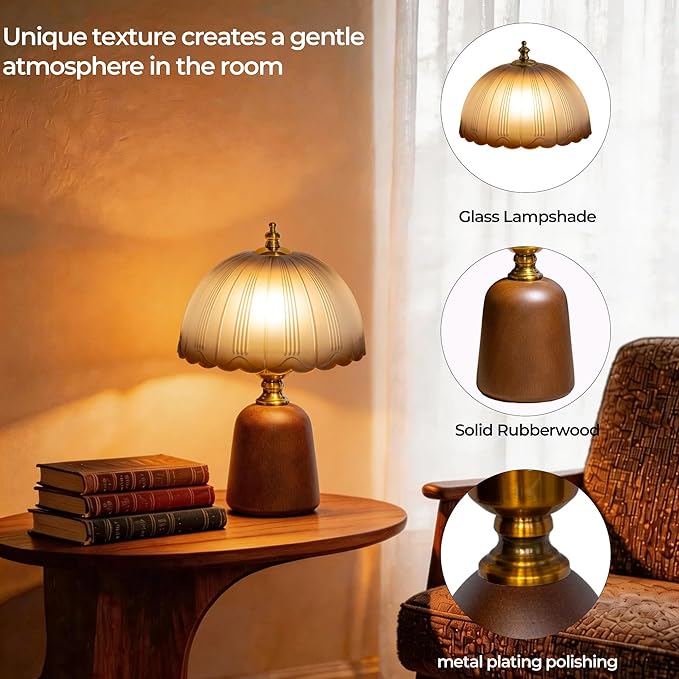 13 inch Decorative Wooden Mid-Century Modern Small Table Lamp, Vintage Amber Glass Shade, Solid Wood Base, Dimmable Bedside Lamp for Bedroom Living Room, Aesthetic Home Decor, E26 Bulb Included