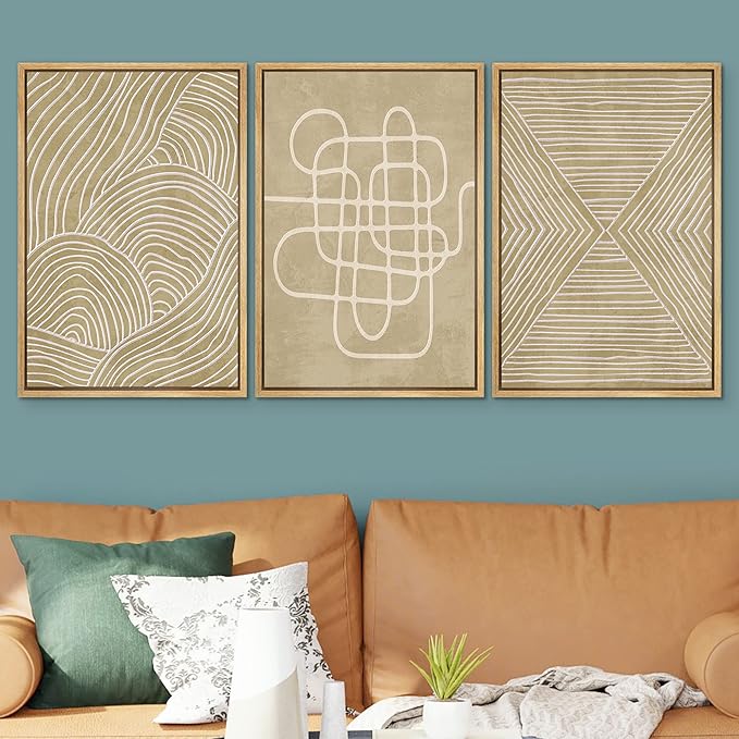 SIGNWIN Framed Canvas Print Wall Art Set Geometric Tan Line Art Collage Graffiti & Street Art Abstract Illustrations Modern Art Decorative Nordic for Living Room, Bedroom, Office - 24"x36"x3 Natural