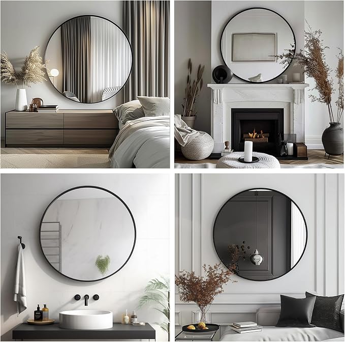Sunniry Small Round Mirror, 16 inch Black Circle Mirror, Matte Metal Frame | High Definition Mirror, No Distortion, Easy Installation, Circular Mirrors for Bathroom, Bedroom, Vanity, Wall Decor.