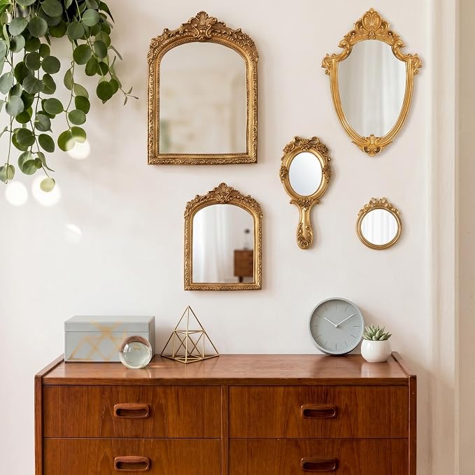 5 Pcs Vintage Gold Mirror Luxury Set Small Gold Mirrors Gallery Wall Mirror Hanging Antique Art Decor for Wall Living Room Entryway Assorted Sizes (13in/8in/7in/4in,Classic Style)