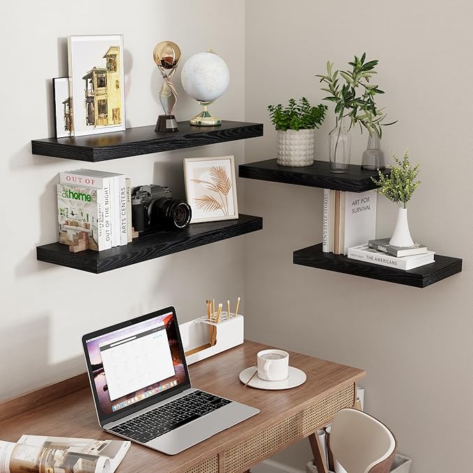 Fun Memories 16 Inch Long Floating Shelves in Black, 9.3 Inch Deep Floating Shelf for Wall, Living Room, Kitchen, Rustic Deep Wood Shelves for Bathroom, 2 Pack Storage Display Shelf for Books, Decor