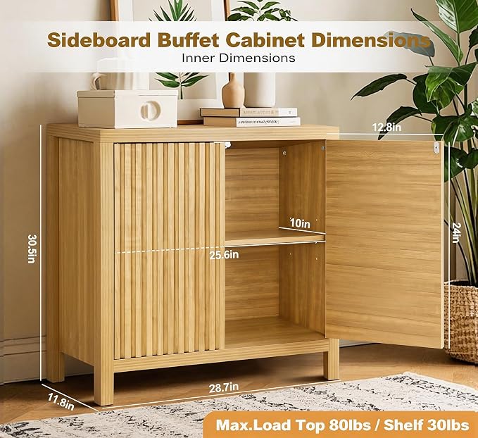 ZYBT Fluted Sideboard Buffet Cabinet, Mid Century Modern Accent Cabinet with 2 Doors and Adjustable Shelf, Storage Cupboard Credenza Console Table for Living Kitchen Dining Room Hallway (Oak)