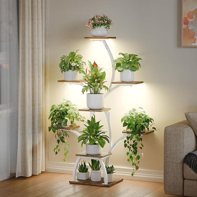 Plant Stand Indoor with Grow Lights, 6 Tiered Plant Shelf Indoor, 50" Corner Plant Stands for Indoor Plants, Lighted Tree-Shaped Plant Holder, Tall Flower Display Rack for Living Room, Patio（White)