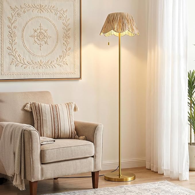 OYEARS 65" Boho Floor Lamps for Living Room, Rattan Floor Lamp, Pull Chain Switch, Gold Standing Lamp with Hand-Woven Shade, Farmhouse Tall Lamps for Nursery, Metal Base&Pole, Bulb not Included, Gold