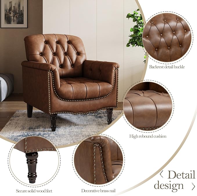 Pia Ricco Modern Tufted Accent Chair, Single Faux Leather Armchair with Nailhead Trim & Wood Legs, Comfortable Upholstered Seat for Living Room, Office - Brown