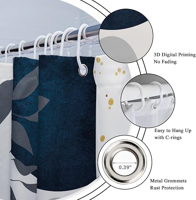 Riyidecor Small Stall Navy Blue Boho Mid Century Shower Curtain for Bathroom Decor 36Wx72H Modern Abstract Gold Leaves Minimalist Geometric Art Printed Fabric Polyester Waterproof 7 Pack Plastic Hooks