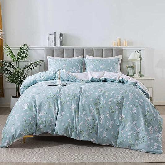 HoneiLife Wildflower Duvet Cover Queen - 100% Cotton Comforter Cover Sets, Floral Duvet Cover Sets 3-PC, Floral Bedlinen Set with Zipper Closure & Corner Ties