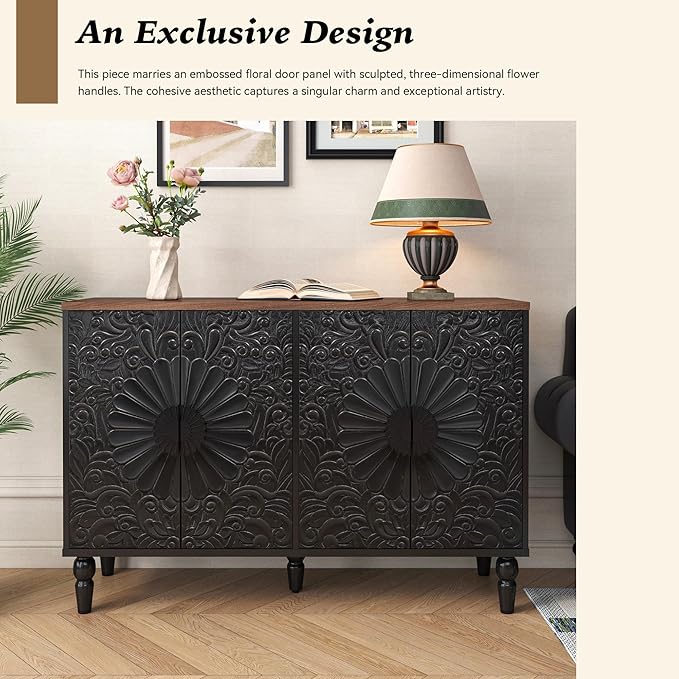 Sideboard Buffet Cabinet with Storage, Accent Cabinet with 4 Vintage Carved Flower Pattern Doors, Decorative Wood Credenza for Living Room, Hallway, Dining Room, Kitchen, Black