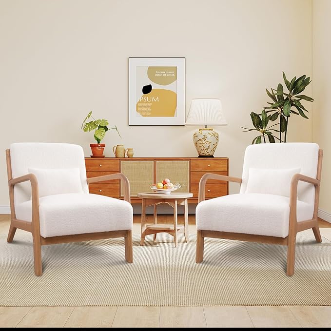 ANJ Mid Century Modern Accent Chair Set of 2, Single Fabric Lounge Reading Armchair with Solid Wood Frame, Easy Assembly Arm Chairs for Living Room, White