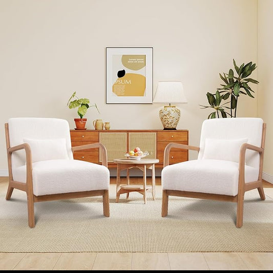 ANJ Mid Century Modern Accent Chair Set of 2, Single Fabric Lounge Reading Armchair with Solid Wood Frame, Easy Assembly Arm Chairs for Living Room, White