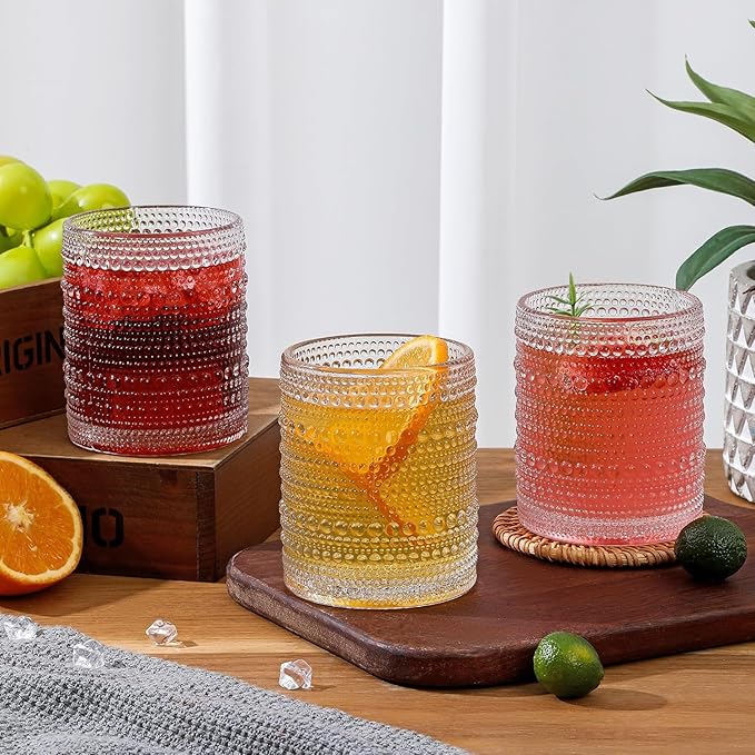 Hobnail Drinking Glasses Set of 12, 12oz & 15oz Vintage Glassware Set Cocktail Glass Set, Embossed Clear Water Tumbler,for Beer, Whiskey,Juice and Various Mixed Drinks (12 Pack-Clear)