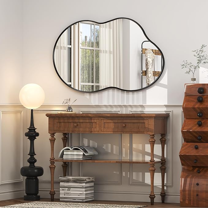 20x32 Black Irregular Wall Mirror, Black Asymmetrical Mirror with Aluminum Alloy Frame for Bathroom Bedroom Entryway, Shatterproof, Anti-Rust(Horizontally/Vertically)