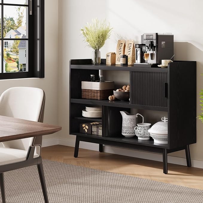 Mid-Century Modern Buffet Sideboard Cabinet with Outlet, 44" Sideboard Buffet Cabinet with Sliding Door & Adjustable Shelves, Fluted Accent Coffee Bar Console Table with Wooden Feet (Black)