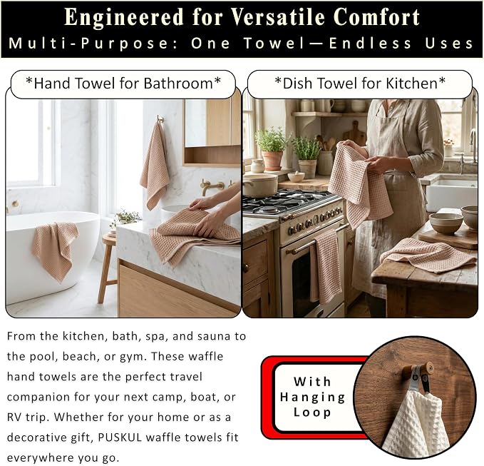 PÜSKÜL Natural 100% Turkish Cotton Waffle Kitchen Towels Set of 3 | Oeko-Tex, Premium Waffle Hand Towels for Bathroom | Soft Absorbent Quick-Dry Lint-Free Dish Towel Large 32x16 inch (3, Beige)
