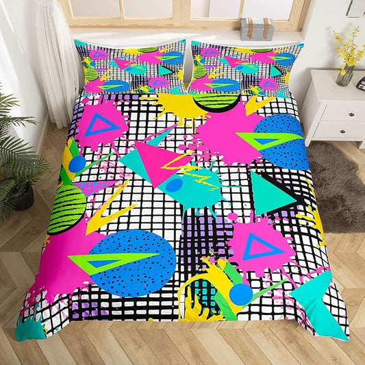 80s 90s Bedding Set Memphis Pattern Old Fashioned Comforter Cover King,Geometric Abstract Colorful Dots Funky Duvet Cover Retro Bed Set,Multicolor Cute Vintage Rainbow 80'S Style 1980S Home Decor