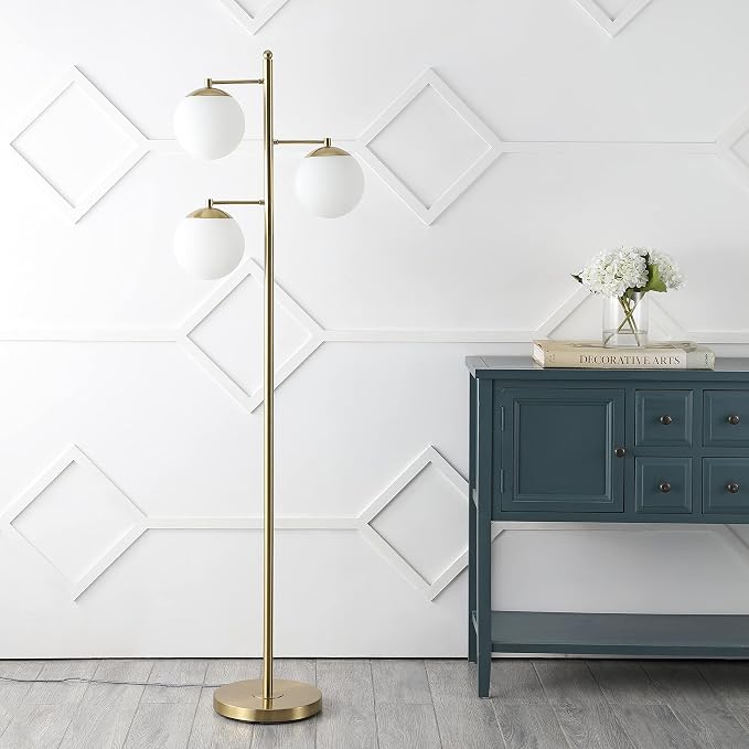 JONATHAN Y 66" Brass Gold 3-Light Mid-Century Modern LED Floor Lamp, Art Deco Triple Frosted Glass Globe Standing Lamp for Living Room, Bedroom, LED Bulbs Included JYL3087A