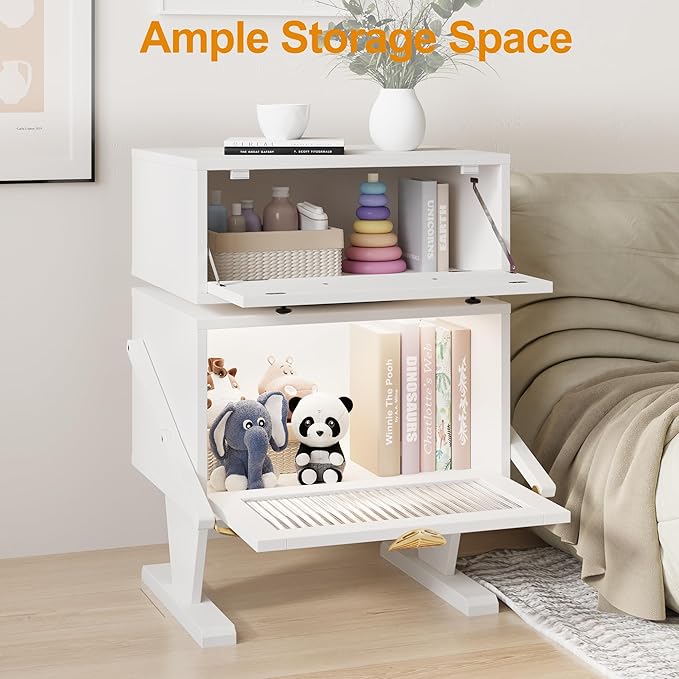 RoyalCraft Large Nightstand with LED Lights, White End Table with 360°Rotating Drawer, Modern Bedside Table with Storage, Wood Night Stand for Bedroom, Home Office, White