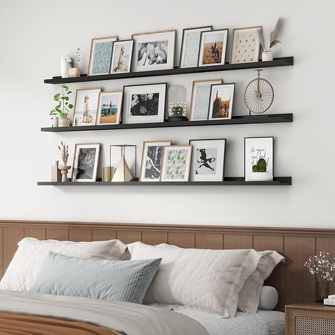 Axeman 72 Inch Floating Shelves | Black Picture Ledge Shelf Set of 3 | Rustic Wood Wall Shelves with Lip | 72" Black Picture Shelf for Wall with Ledge | Photo Shelves