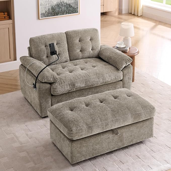 Oversized Chaise Lounge Chair Indoor, Double Convertible Recliner Reading Arm Sofa Chair W/Adjustable Backrest & Charging Port Couch Bed for Living Room, Home Theater & Bedroom, Brown