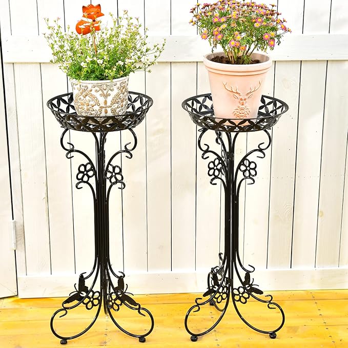 Sungmor Lightweight Metal Flower Pot Stands - 2 Pack 29.7 Inches Tall Black Plant Stand - Rustproof Potted Plant Holder Container Support - Indoor & Outdoor Elegant Corner Decorative Display Rack