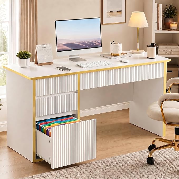 4 EVER WINNER White Desk with Drawers, 47'' Computer Desk with 4 Drawers for Small Spaces, Small Office Desk with File Drawer for Study Room, Bedroom, White and Gold Desk