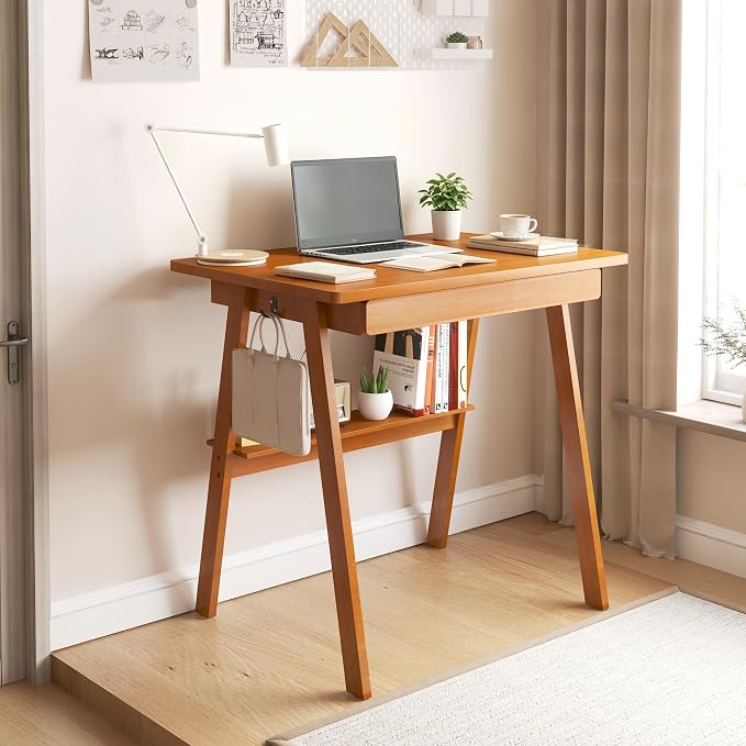 Solid Wood Writing Desk with Drawers - 31.5" Mid Century Modern Desk, Small Computer Home Office Desks for Small Spaces with Storage Shelf, Study Makeup Workstation for Bedroom/Living Room, Walnut