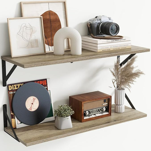 Floating Shelves with Black Metal Brackets Set of 2,30" Wx8 D Wall Mounted Shelves Floating Bookshelf,Hanging Storage Shelf for Living Room,Bedroom,Bathroom,Office,Grey