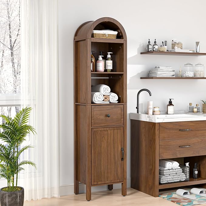 64" Tall Bathroom Storage Cabinet with Adjustable Shelves,Tall Narrow Arched Freestanding Tower Cabinet with Fluted Doors and Drawers,Space Saving Organizer for Bathroom Living Room (Walnut)