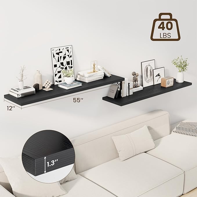 Dreamland 55" Floating Shelves for Wall, 12" Deep Slim Black Floating Shelves, Wall-Mounted Shelves for Bedroom, Living Room, Kitchen, Bathroom - Set of 2