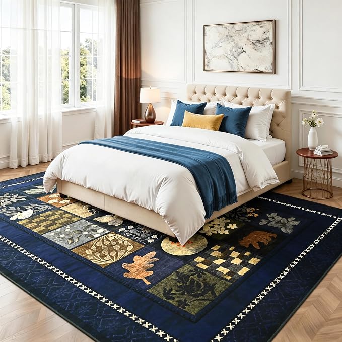 Tepook 5x7 Area Rugs for Living Room, Modern Large Geometric Rug for Bedroom, Washable Patchwork Rug Indoor Non Slip Throw Carpets for Dining Room Office Farmhouse Home Decor, Navy Blue