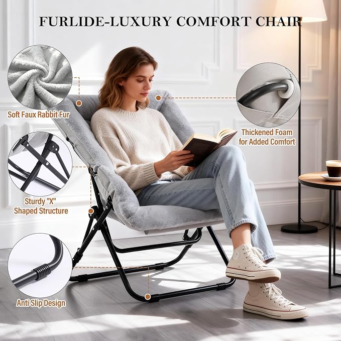 Furlide Comfy Dorm Chair - Oversized Folding Saucer Chair with Soft Faux Fur, Metal Frame, for Bedroom, Living Room, Balcony, Patio, Study, Playroom (Grey)