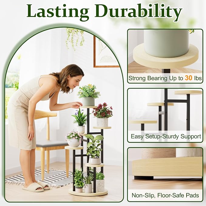 5 Tiers Black Plant Stand Indoor Tall Metal Wood Plant Shelf Outdoor Plant Stands Indoor Plant Table Rack Tiered Plant Stand Garden for Living Room Balcony Patio - RoundLight