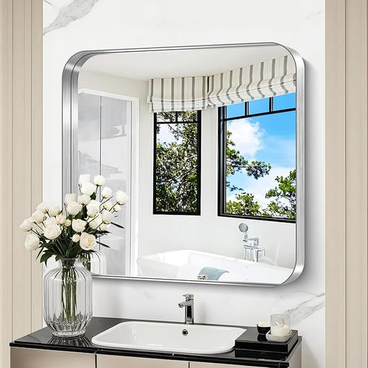 CIRCUMI Silver Bathroom Mirror, 30"x30" Rectangular Mirror with Deep Metal Frame, Rounded Corner, Tempered Glass, Square Mirror for Wall, Oversink, Bedroom, Living Room, Vanity, Entryway,Crystal-Clear