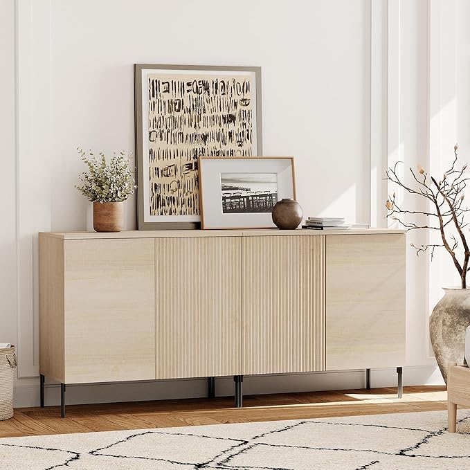 WAMPAT 63" Sideboard Buffet Cabinet with 4 Doors and Adjustable Shelves, Fluted Storage Cabinet, Modern Credenza Coffee Bar Wine Bar Table for Kitchen, Dining Room, Living Room,Beige