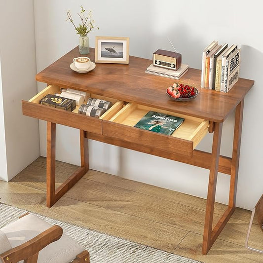 Solid Wood Desk with Drawers - 39 x 18 Inch Mid Century Modern Desk, Vintage Desks with Drawers, Small Writing Desks for Small Spaces|Bedroom, Living Room & Office - Walnut Color