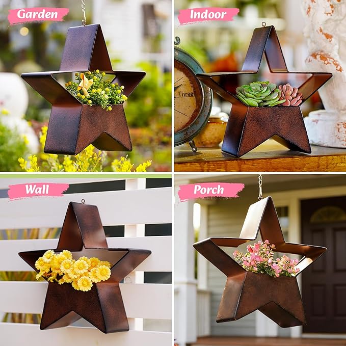 Metal Plant Hangers Indoor and Outdoor: Valentines Day Gifts for Her Wife Women Mom Garden Lovers Birthday - Star Shape Hanging Planters for Window Wall Living Room Office Decor(Rustic)