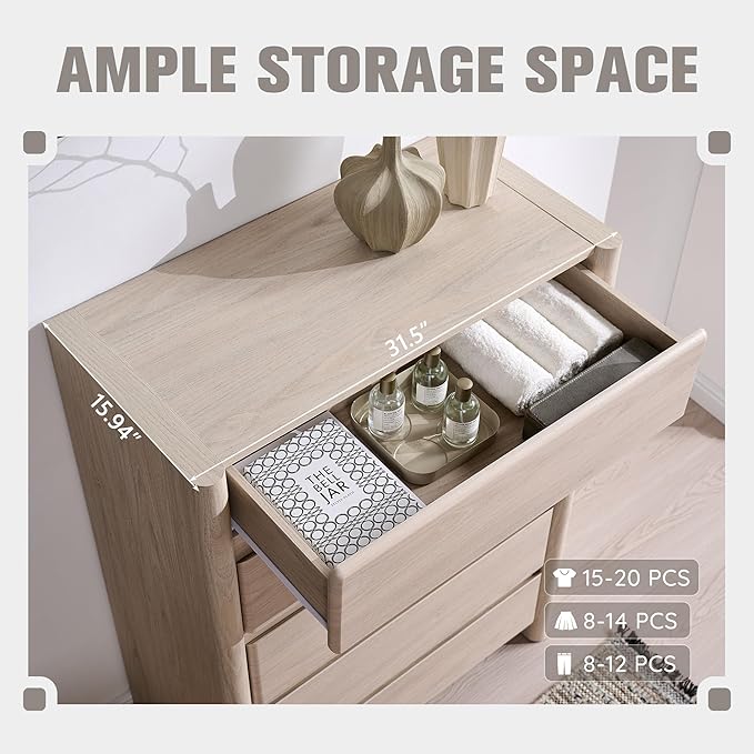 Modern 5 Drawers Dresser for Bedroom, 43" Tall Dresser & Chests of Drawers w/Rounded Corner, Wood Handleless Dresser w/Large Storage & Natural Texture for Bedroom, Living Room-Cream