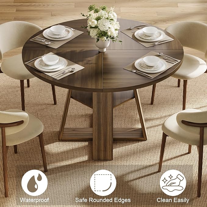 47.2" Round Dining Table for 4-6, Circle Kitchen Table with Open Storage Shelf, Farmhouse Dinner Table with Cross Pedestal Base for Dining Room, Kitchen, Living Room, Walnut