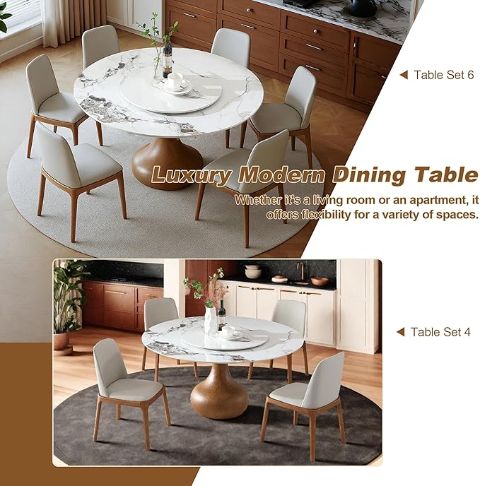 Montary 53” Modern Round Dining Table for 4-6 Seat, Artificial Marble Dining Room Table with Lazy Susan, Vase Shaped Walnut Wood Base, Sintered Stone Top Dining Table (Only Table)