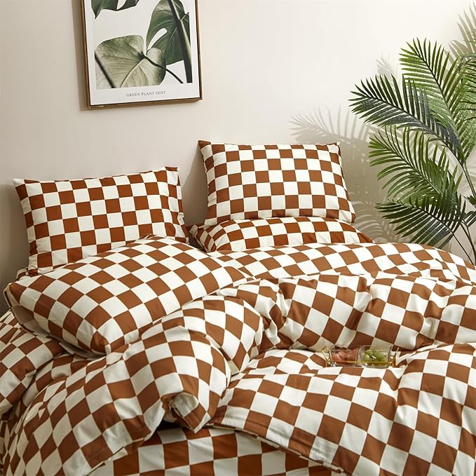 Pureant Pumpkin White Plaid Comforter Set King Brown and White Checkered Bedding Comforter Soft Women Girls Brown Checkerboard Grid Quilts King Size Boho Pumpkin Buffalo Plaid Comforter Geomertic