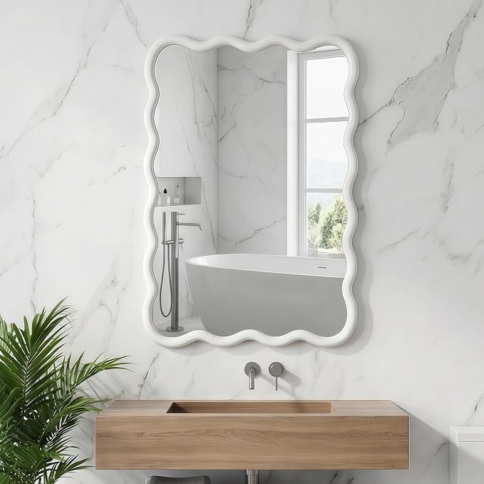 30x20 Inch Wooden Wavy Rectangle Wall Mirror, Modern Solid Wood Frame Decorative Accent Mirror for Bedroom, Bathroom, Living Room, Entryway, White