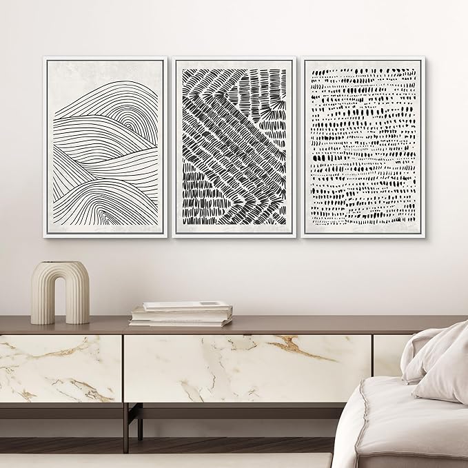 SIGNWIN Framed Canvas Print Wall Art Set Black Pastel Geometric Landscape Abstract Shapes Cozy Neutral Modern Art Decorative Boho Relax/Zen Nordic for Living Room, Bedroom, Office - 24"x36"x3 White