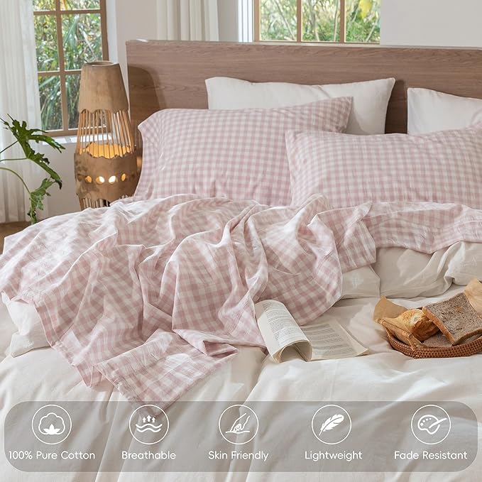 MooMee Gingham Sheet Set 100% Washed Cotton Linen Like Textured Breathable Soft w/Fully Elasticized 16-19" Deep Pocket (Classic Gingham Greyish Pink, King)