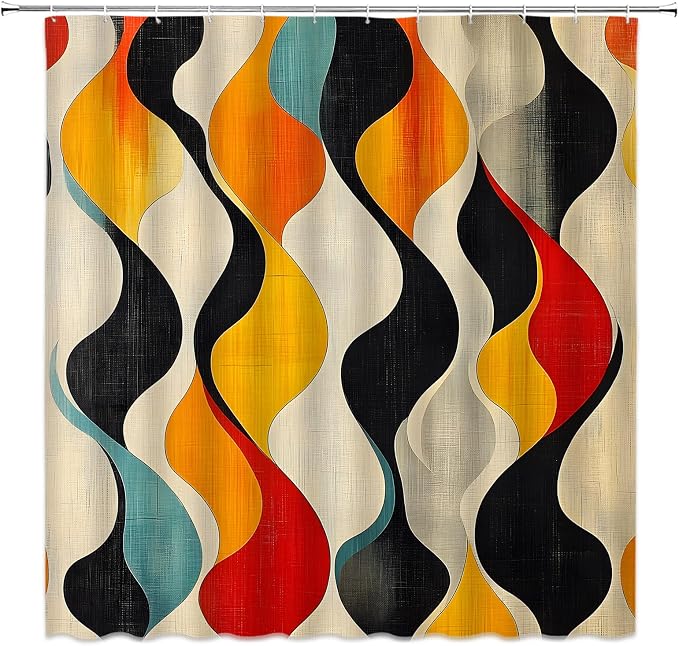 Mid Century Shower Curtain Boho Minimalist Modern Abstract Aesthetic Geometric Striped Atomic Retro Earthy Fabric Bathroom Decor Set with Hooks(78" Wx70 H)