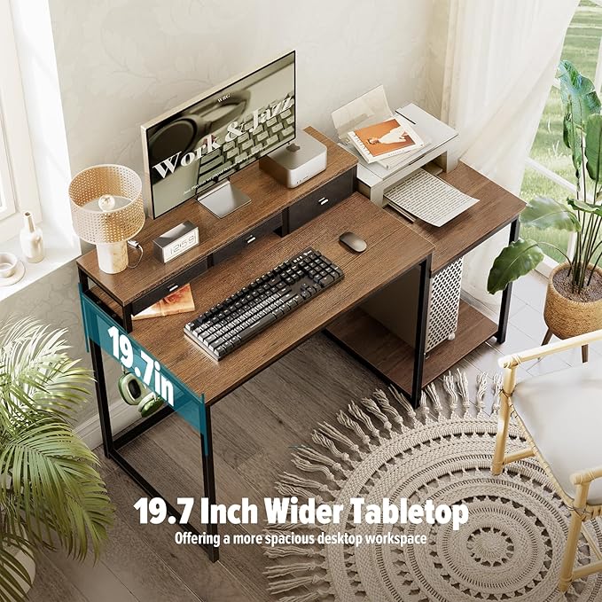 SINPAID 47 inch Computer Desk with Printer Shelf, Gaming Desk with Monitor Stand and Drawers, Reversible Home Office Desk with Storage Shelves and 2 Hooks, Home Workstation for Study Writing, Walnut