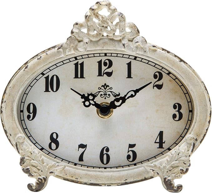 NIKKY HOME Vintage White Desk Clock, Rustic Home Decor | Rustic distressed white clock with classic design. Silent operation for mantels, desks, shelves, and farmhouse interiors.