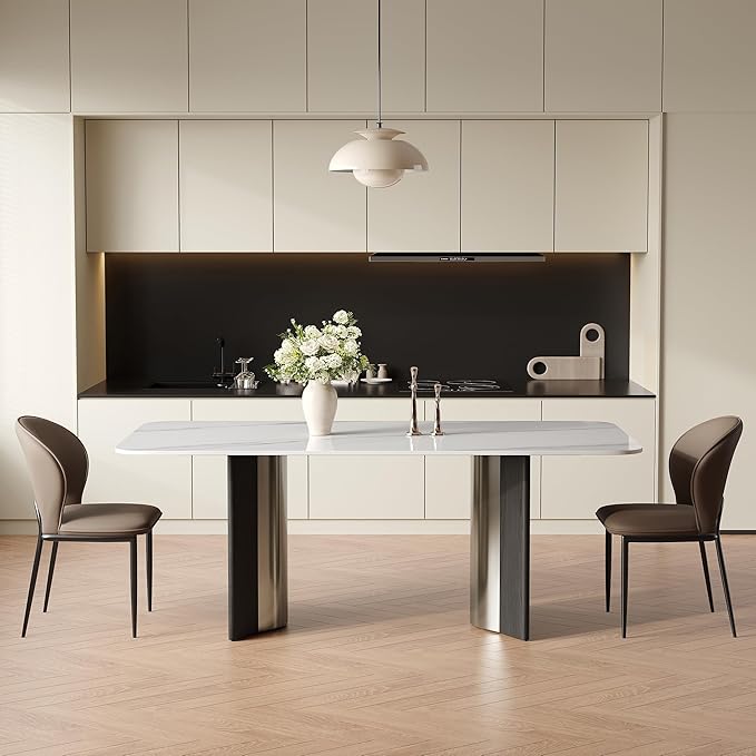 Modern Sintered Stone White Dining Table for 4-6 with Stainless Steel & Wood Legs, 63 Inch Glossy Kitchen Table, Easy Assembly Rectangular Dining Room Table (Table Only)