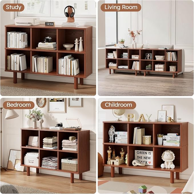 Solid Wood 6 Cube Storage Organizer, Horizontal Bookshelf with Storage, 2 Shelf Bookcase, 6 Cube Shelf, TV Stand Bookshelf, Small Book Shelf for Kids Rooms, Bedroom, Living Room, Offices (47.2 Wide)